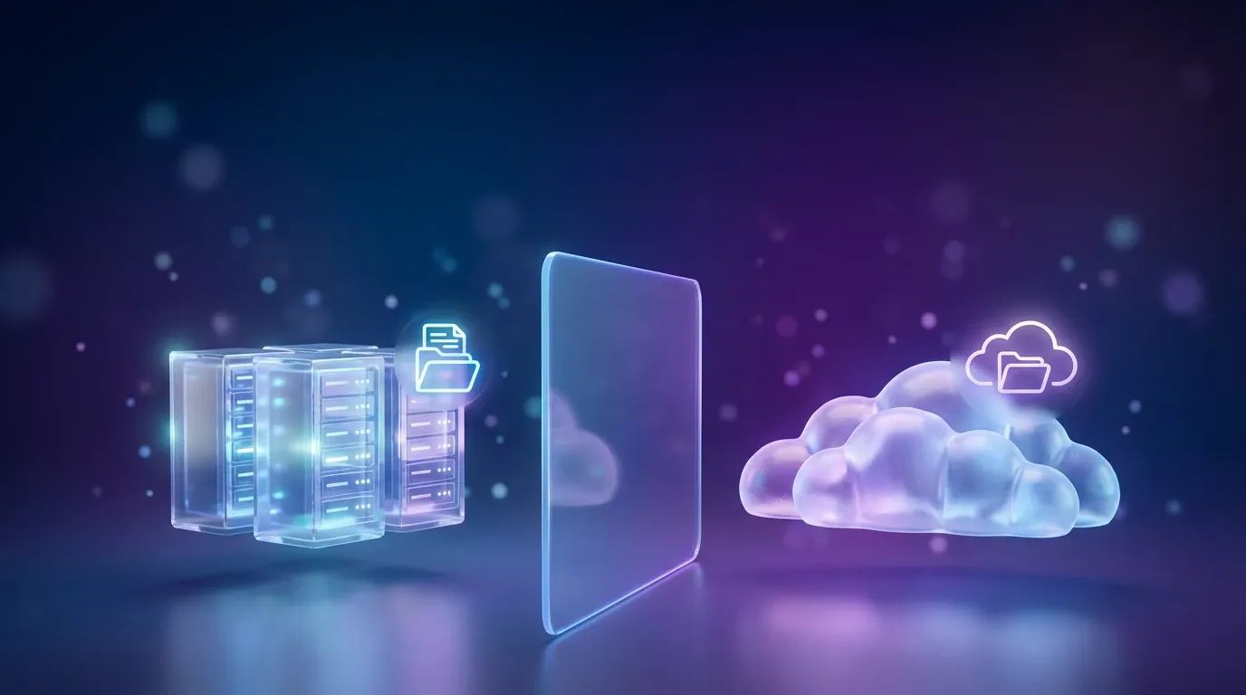 Comparison of local servers and cloud infrastructure with visual data flows and arrow indicating choice.